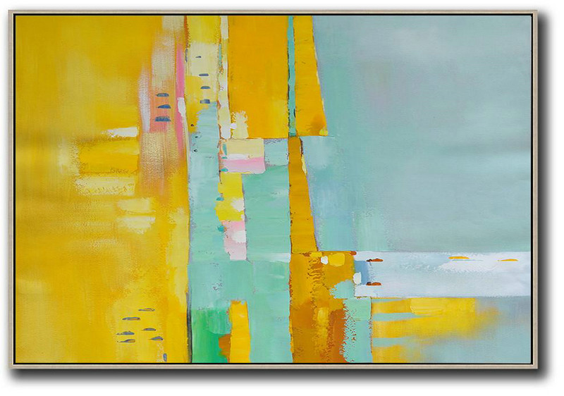 Abstract Painting Extra Large Canvas Art,Oversized Horizontal Contemporary Art,Big Art Canvas,Yellow,White,Light Green,Pink.etc